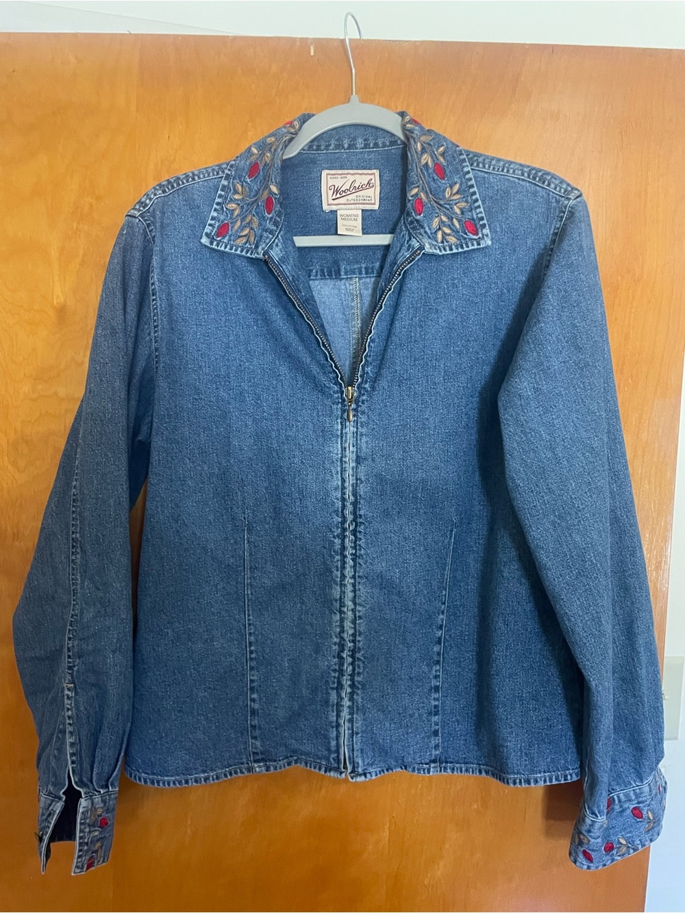 Woolrich Blue Denim Jacket with Embroidered Floral Collar